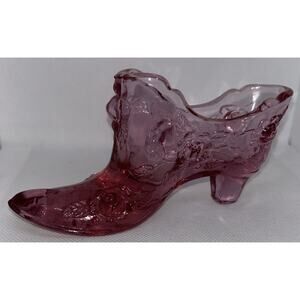Vintage Fenton Cranberry Pink Art Glass Cabbage Rose 6" Shoe Boot Slipper